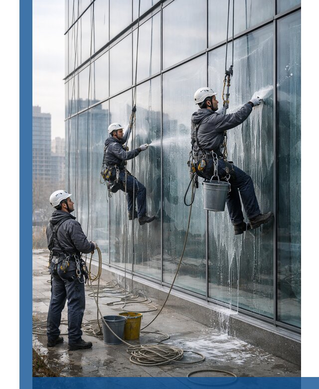 Промышленная мойка панорамных окон на высоте в Костроме