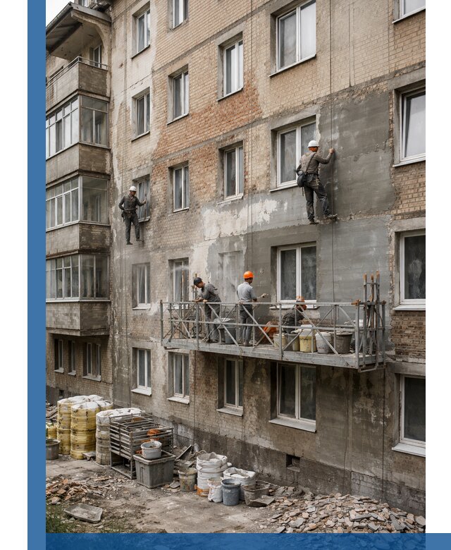 Капитальный ремонт фасада в Костроме с восстановлением и гидроизоляцией