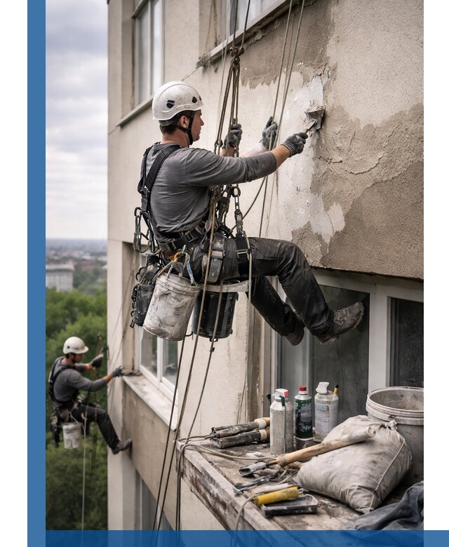 Косметический ремонт фасада зданий в Костроме промышленными альпинистами