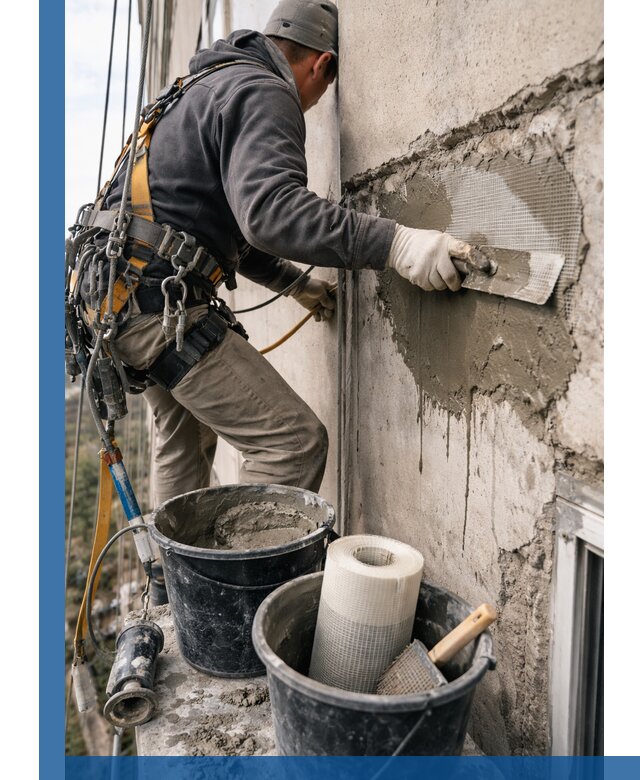 Ремонт бетонных элементов фасада промышленными альпинистами в Костроме