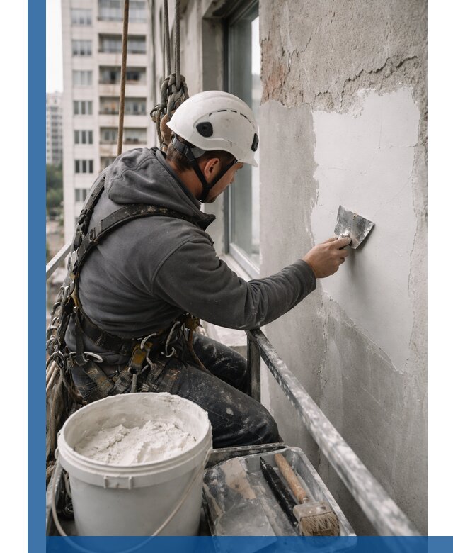 Шпаклевка фасадов на высоте с промальпинистами в Костроме