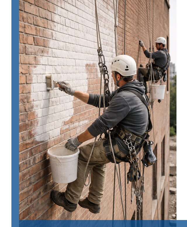 Покраска кирпичного фасада с доступным альпинистским сервисом в Костроме