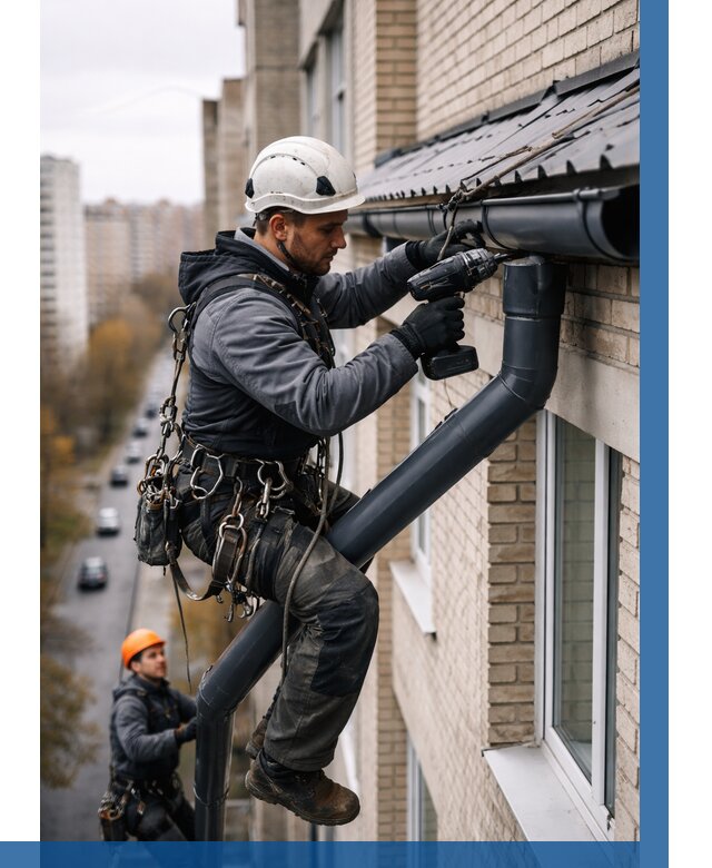 Монтаж водосточной системы на здании в Костроме от 5105 р. | ВЫСОТНИК-Кст