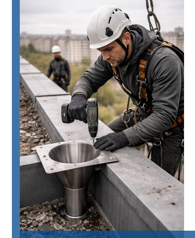 Монтаж водосточных воронок в Костроме для промышленных зданий