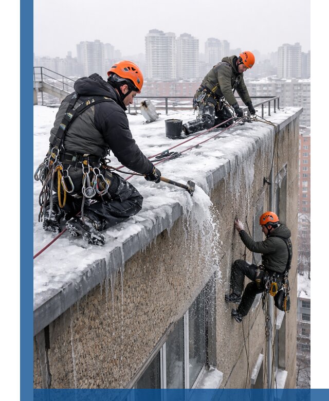 Удаление наледи с кровли в Костроме промышленными альпинистами