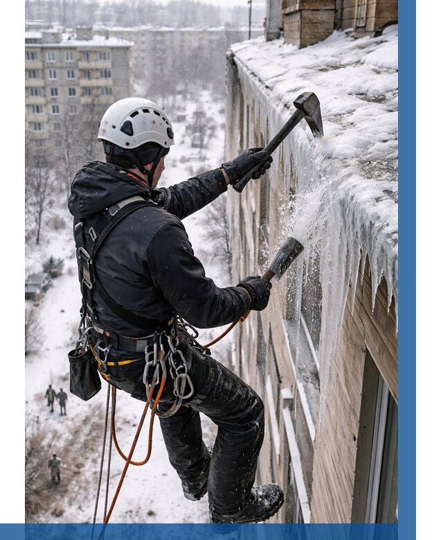 Сбивание сосулек с крыши в Костроме по цене от 4594 р. | ВЫСОТНИК-Кст