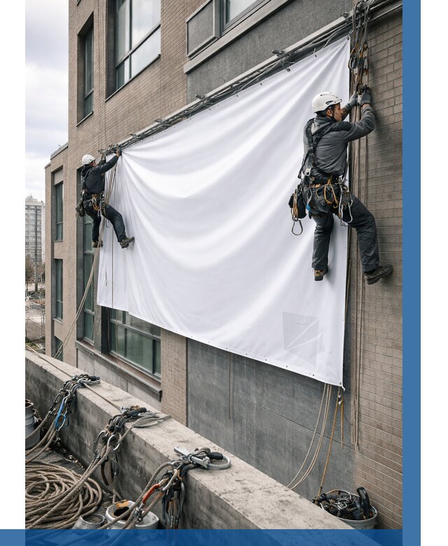 Монтаж баннеров на фасаде в Костроме от 664 р. заказать ВЫСОТНИК-Кст