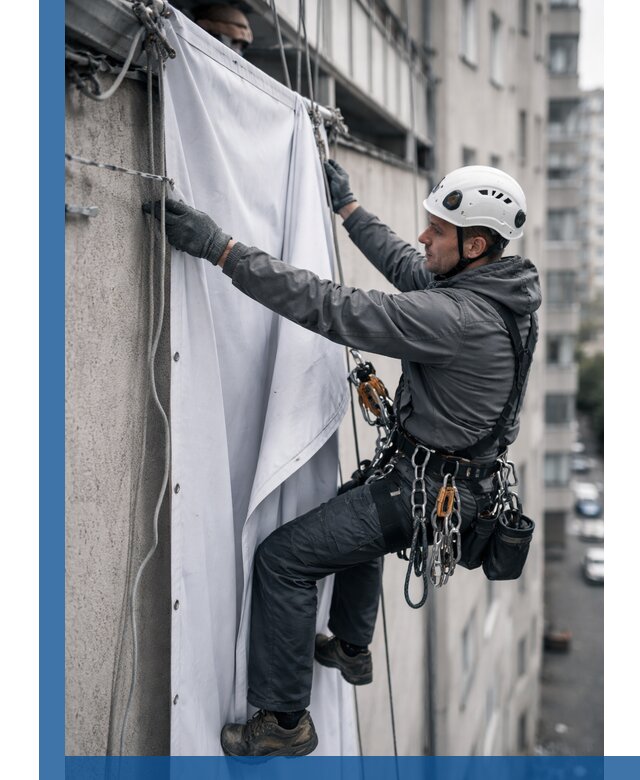 Замена баннерного полотна промышленными альпинистами в Костроме