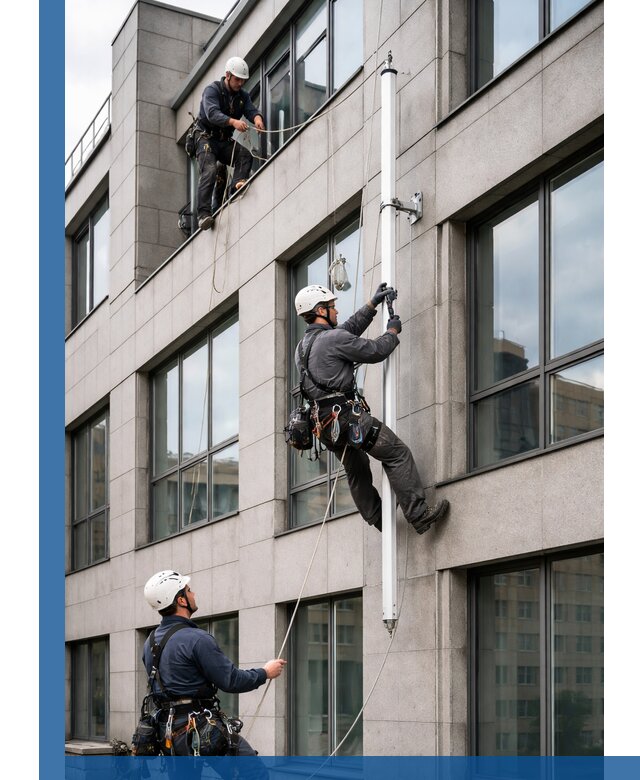 Монтаж флагштока на фасаде здания с креплением и герметикой в Костроме