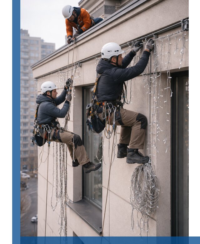 Монтаж праздничных гирлянд на фасаде в Костроме для зданий