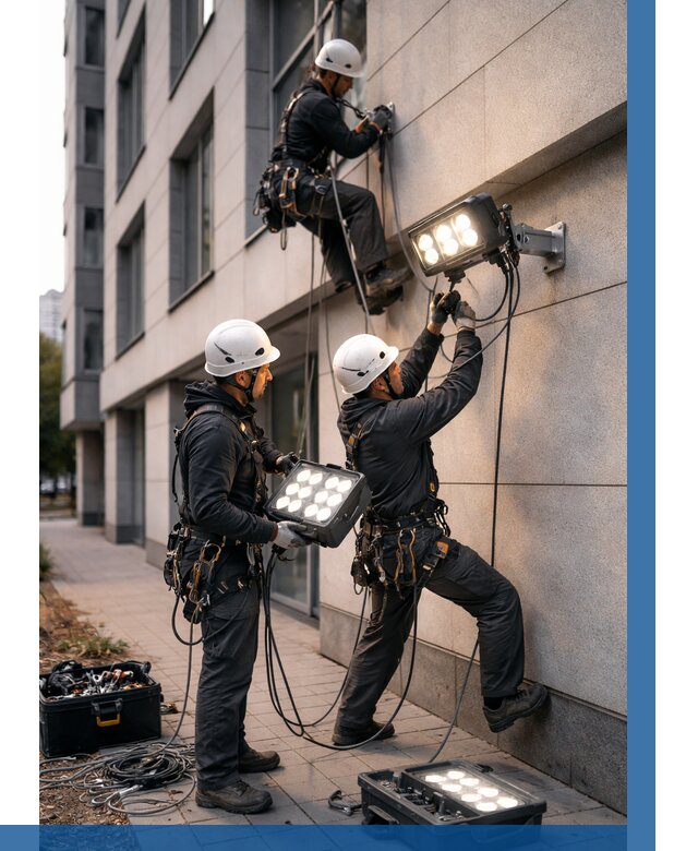 Монтаж прожекторов на фасаде в Костроме от 7657 р. | ВЫСОТНИК-Кст