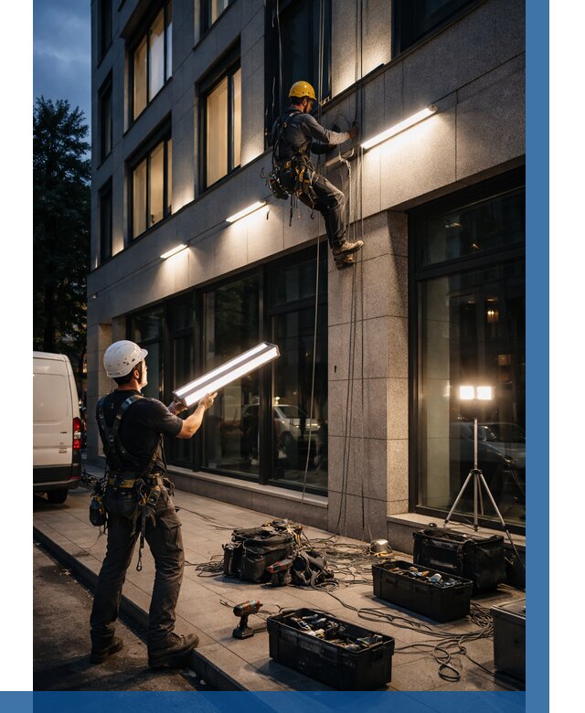 Монтаж архитектурной подсветки здания в Костроме от 2552 р.|ВЫСОТНИК-Кст