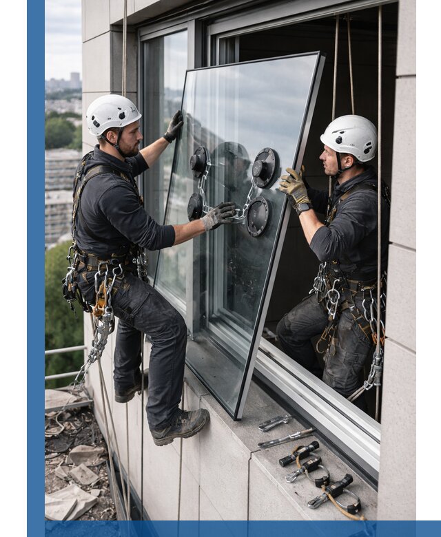 Замена стеклопакетов на высоте с промышленными альпинистами в Костроме