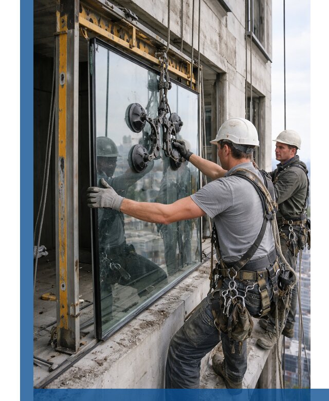 Монтаж стеклопакетов на высоте в Костроме с промышленным альпинизмом