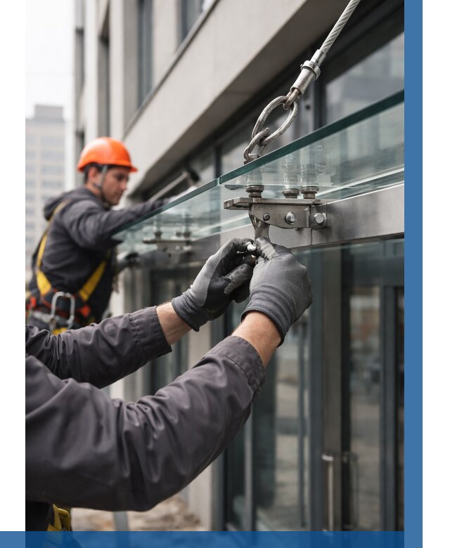 Монтаж стеклянных козырьков в Костроме от 8678 р. | ВЫСОТНИК-Кст