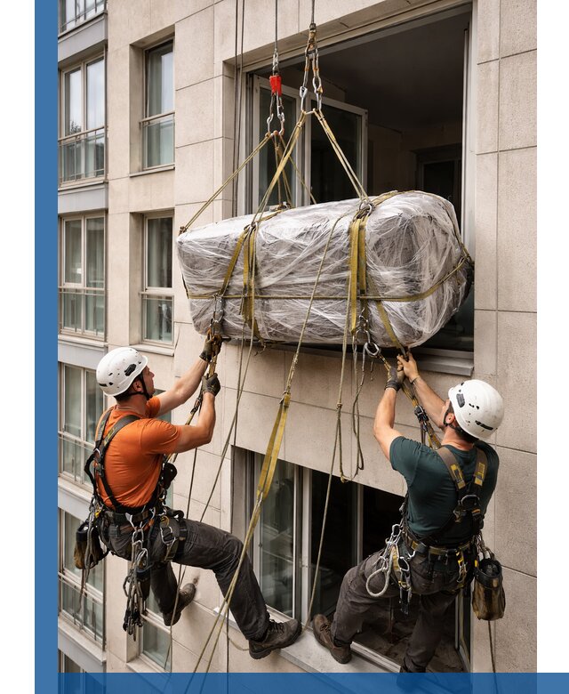 Подъем грузов через окно в Костроме промышленными альпинистами