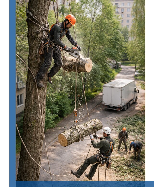 Спил деревьев альпинистами в Костроме, безопасно и без повреждений